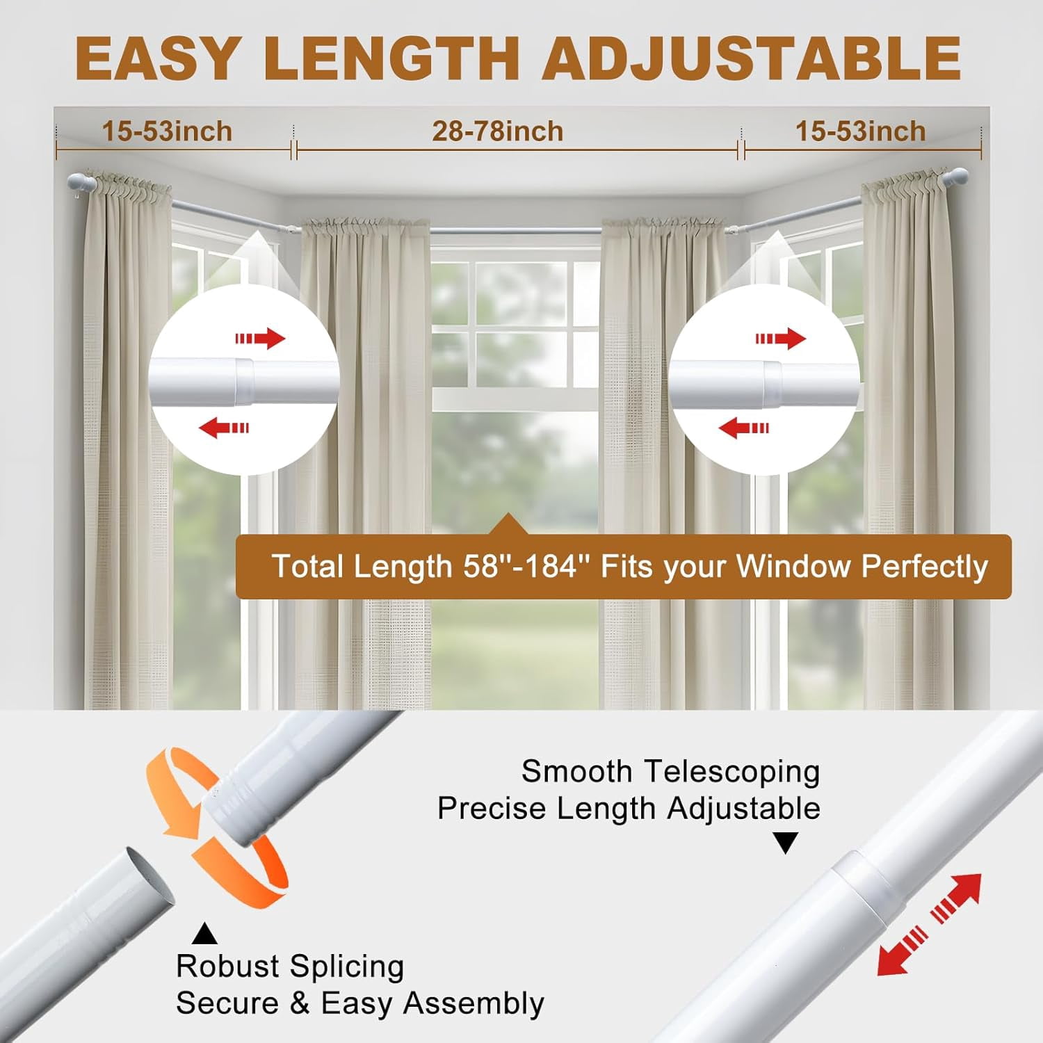 Corner Curtain Rod for Windows - L Shaped 30 to 136 Inches Adjustable,1 Inch Heavy Duty Corners Window Curtain Rods, 180° Connector Angled Drapery Pole -Black