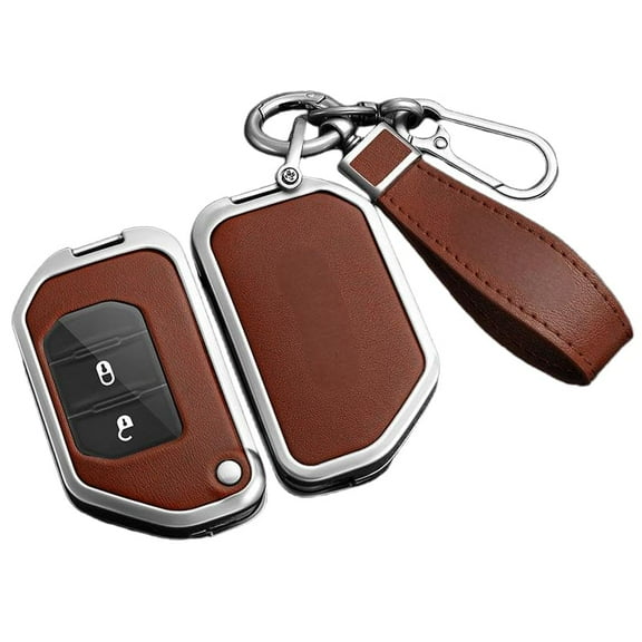 for Jeep Key Fob Cover, Leather Zinc Alloy Key Fob Case for 2018-2025 Wrangler JL JLU Rubicon, 2020-2025 Gladiator JT Sahara JLU Flip Key Fob