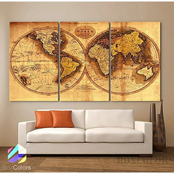 Original by BoxColors Large 30"x 60" 3 Panels 30x20 Ea Art Canvas Print Original World Map Old Vintage Rustic Wall Decor Home Office Interior (Included Framed 1.5" Depth)