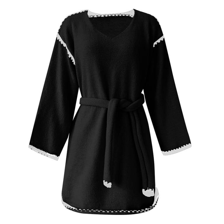Enjoytime Women's Casual Dresses Patchwork V-Neck Long Sleeve Tie Waist  Midi Dress Loose Knit Winter Fall Wedding Guest Dresses for Women Black  Free Size - Walmart.com