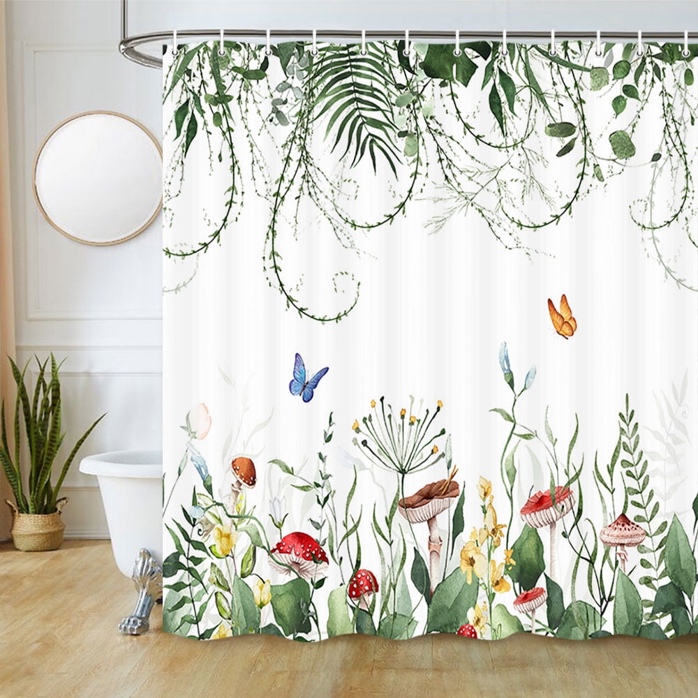 Green Plant Shower Curtain, Mushrooms Butterfly Floral Shower Curtain