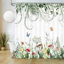 Green Plant Shower Curtain, Mushrooms Butterfly Floral Shower Curtain with Hooks, Botanical Wildflowers Bathroom Curtain 69W X 70L Inch