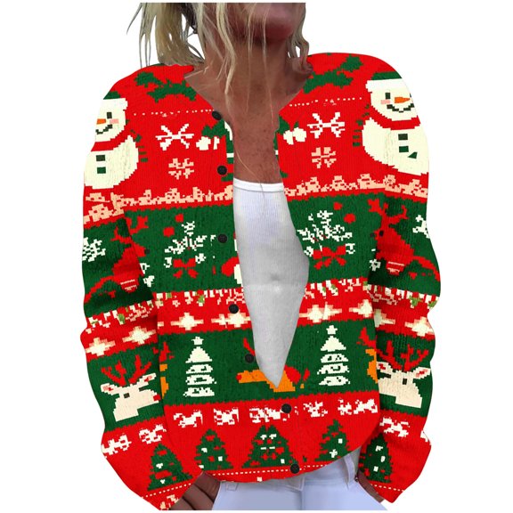 Atogsazn Women's Christmas Print Knitted Sweater Casual Button Long Sleeve Cardigan Outerwear Fall Winter Tops Watermelon Red XXL Fashion