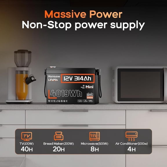 HumsiENK 12V 300Ah LiFePO4 Battery for Trolling Motor(314Ah) | Bluetooth & 200A BMS | 15,000 Cycles | Marine & Solar Ready
