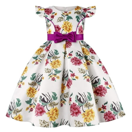 

HTGFGMGW Flower Girl Dresses Girls Fly Sleeve Floral Printed Dress Bowknot Poncho Holiday Party Dresses Dresses for Girls Purple