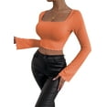 thumbnail image 3 of BEAFNKSG Women Flare Long Sleeve Crop Tops Low Cut Slim Ribbed Cropped Tee Basic Blouse Streetwear, 3 of 6