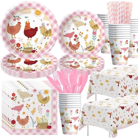 Chicken Party Decorations Tableware for Birthday Baby Shower, Farm Animal Barnyard Little Chick Birthday Party Supplies, Plate, Cup, Napkin, Straws, Disposable Cutlery, Tablecloth, 24 Guests$$