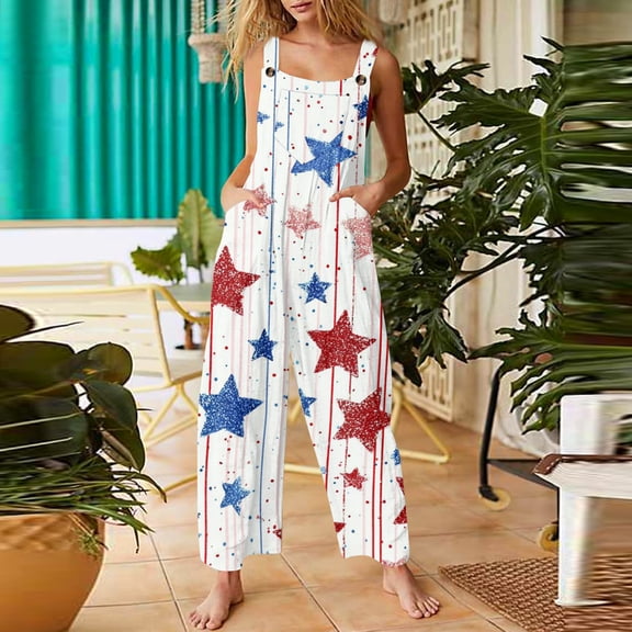 Iaqnaocc 4th of July Women's Jumpsuits Independence Day American Flag Stars Sleeveless Wide Leg Jumpers Freedom Adjustable Strap Jumpsuits Baggy Overalls Royal Blue XL
