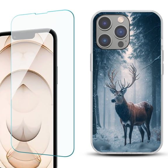 OneToughShield ® for iPhone 15 Pro Max Shockproof Fashion Phone Case, with Tempered Glass Screen Protector - Deer Winter
