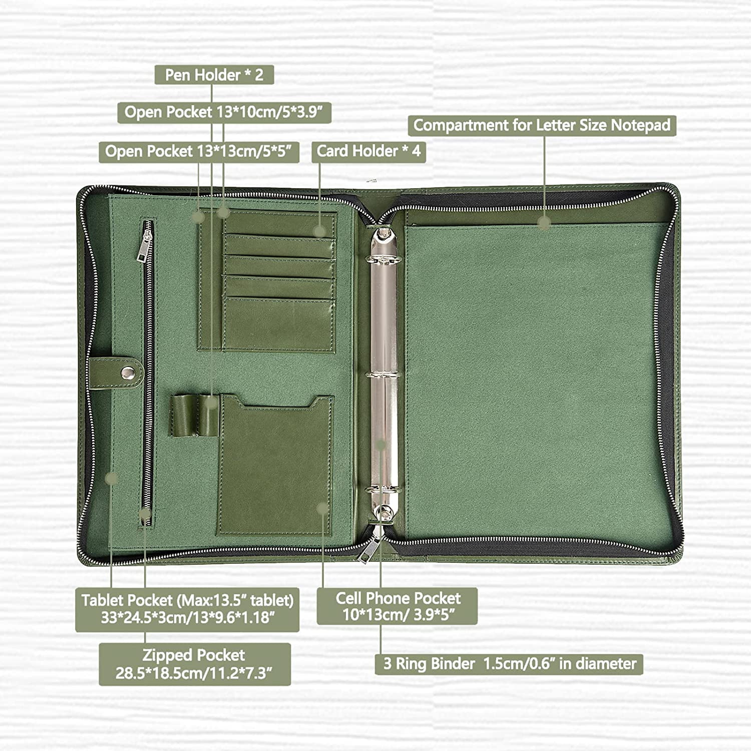 LeatherBelief Portfolio 3 Ring Binder,Vegan Leather Portfolio Binder with Zipper,Business Padfolio Organizer Notepad Holder,Portfolio Folder with Tablet for ipad Pro 13 MacBook,Green