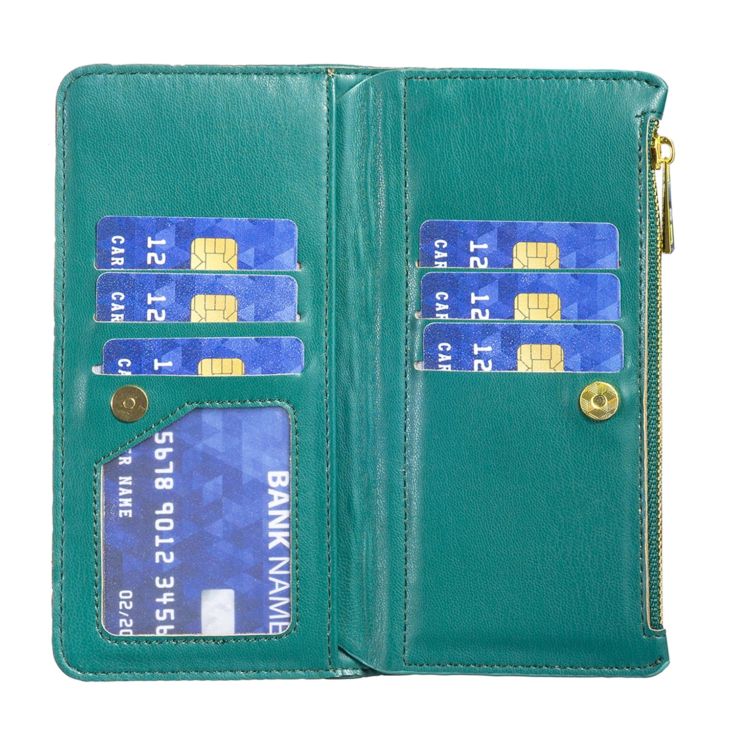 Allytech iPhone 13 Wallet Case, PU Leather Flip Folio Stand Shockproof Zipper Wallet Cards Holders Detachable Hand Wrist Phone Case Cover for Apple iPhone 13 6.1-Inch - Green