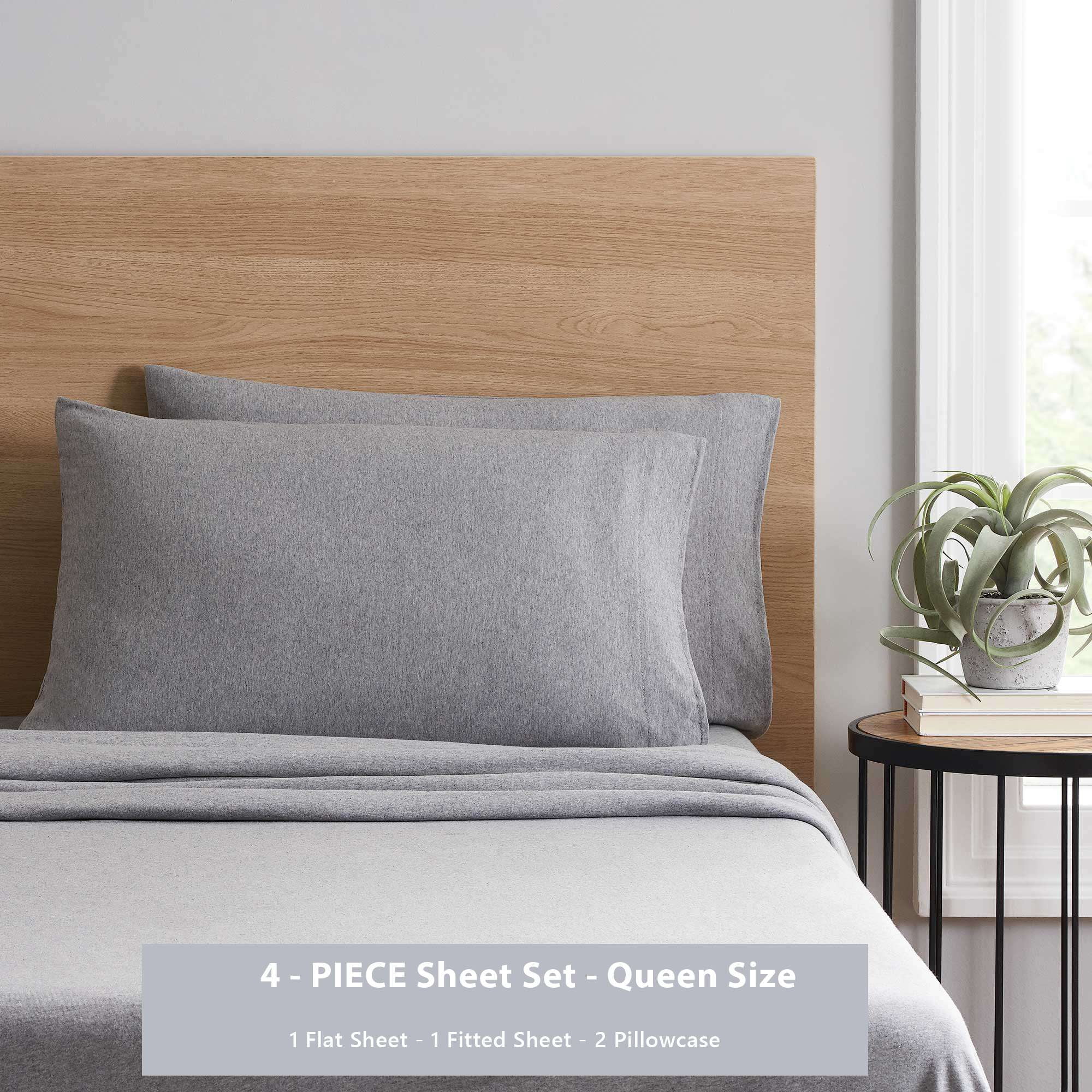 Mainstays Cotton Rich Extra Soft Jersey Bed Sheet Set, Queen, Grey Heather, 4 Pieces