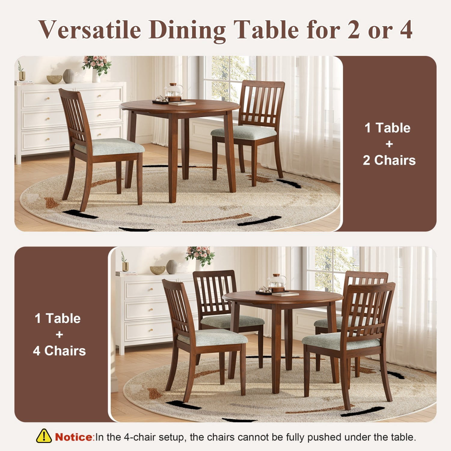 5-Piece Round Dining Table Set for 4 People Folding Wood Dining Table with 4 Upholstered Chairs Space Saving Dining Set for Small Apartment Kitchen Dining Area, Brown