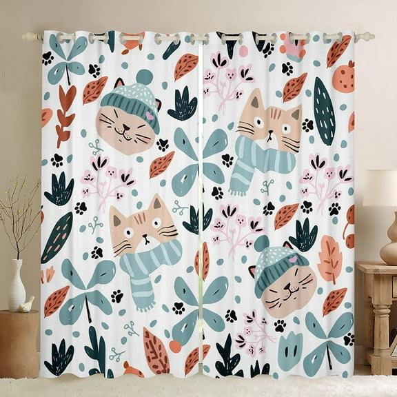 Manfei Funny Cat Black Out Curtains for Kids Boys Girls, Botanical Floral Leaf Curtains Pack of 2 (42x63 Each), Kitten Flower Bedroom Curtains, Luxury Room Decor
