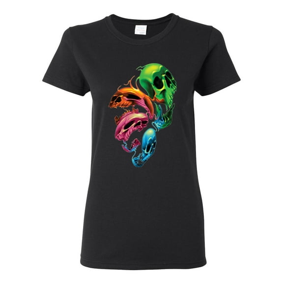 Trippy Neon Melting Skulls Womens Graphic T-Shirt, Black, Small