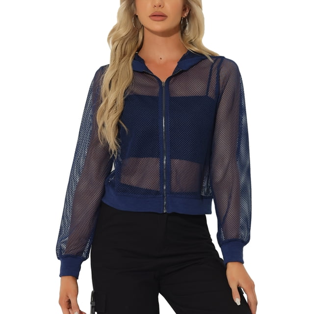 Chaqueta con puños acanalados INSPIRE CHIC para mujeres, sudadera, chaqueta bomber de malla, XL, azul marino