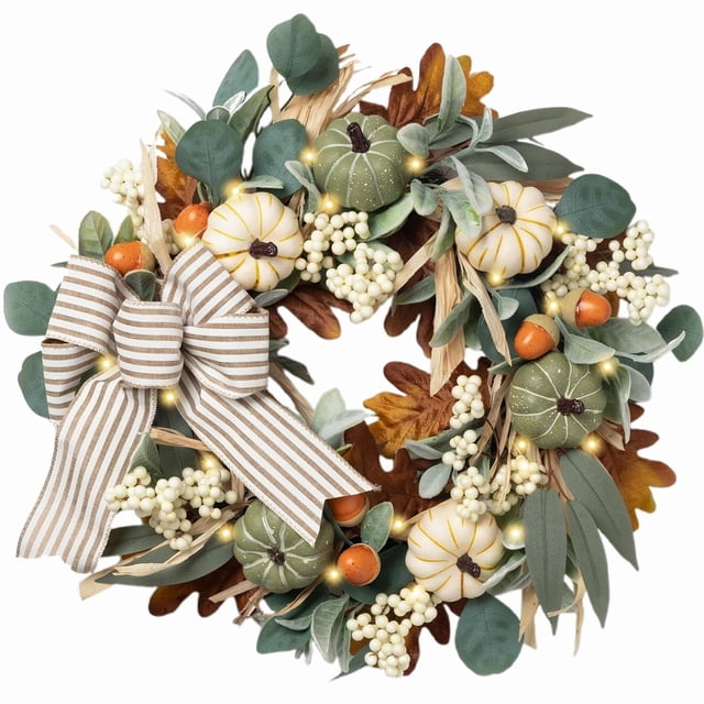 Couronnes d'Automne pour Porte d'Entrée Extérieure Couronne de Porte d'Automne avec Lumières Citrouilles Blanches Nœud Décorations d'Automne pour Maison Porche Table Centre de Table