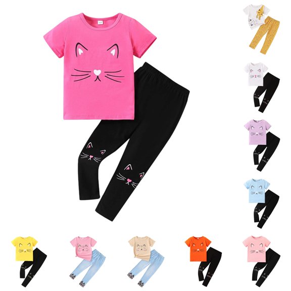 CUZIBR Kids Outfit Sets Girl's Cat Pattern O-Neck Short Sleeve T Shirt And Pants Summer Girls Clothes Sets,Hot Pink,9-10 Years