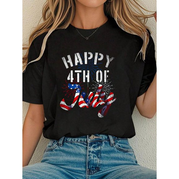 Women Outdoor Tshirt Fireworks Happy 4th Of July US Flag American 4th Of July T-Shirt
