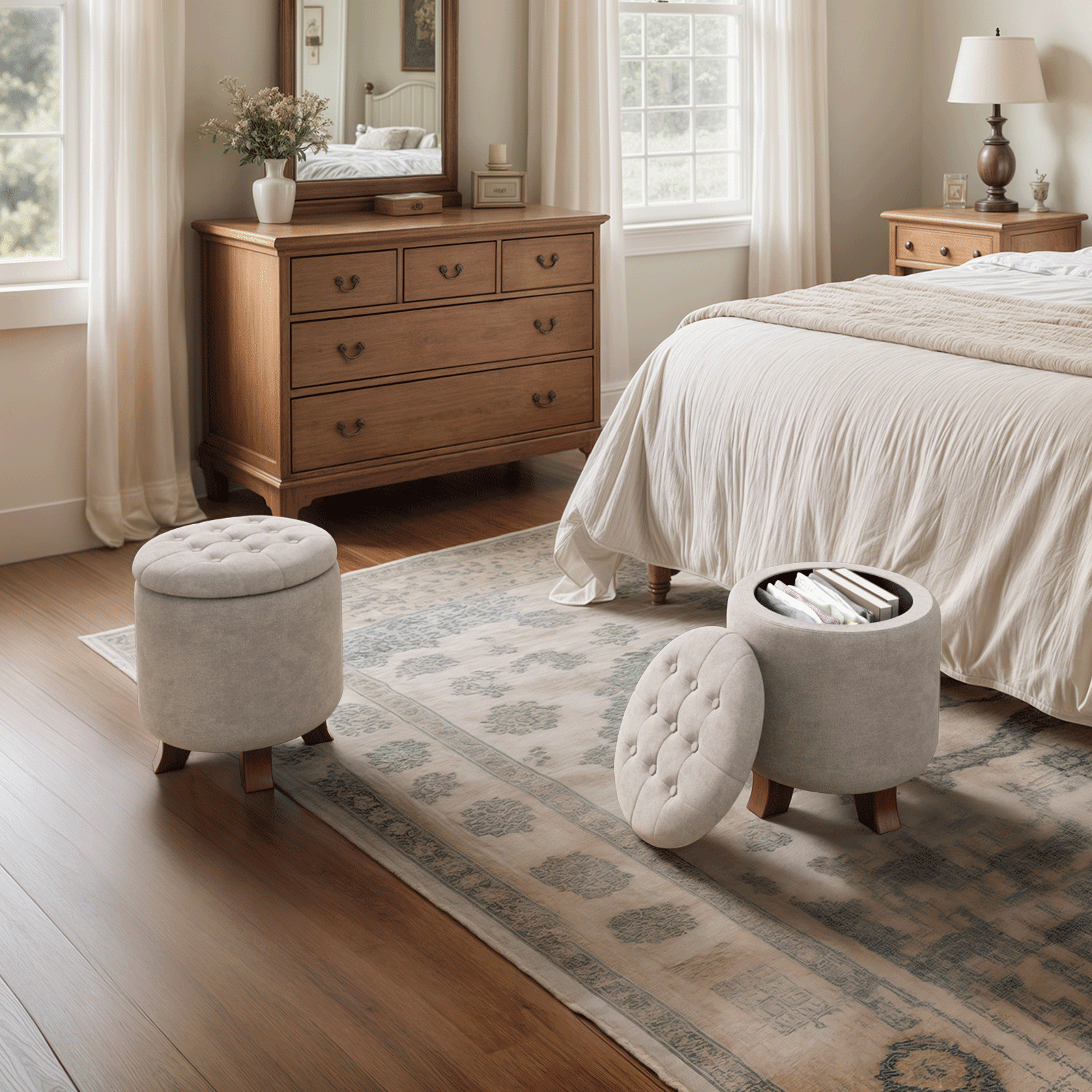 Magshion Storage Ottoman with Padded Seat, Modern Cotton-linen Footrest, Round Seat stool for Living Room Bedroom , Beige