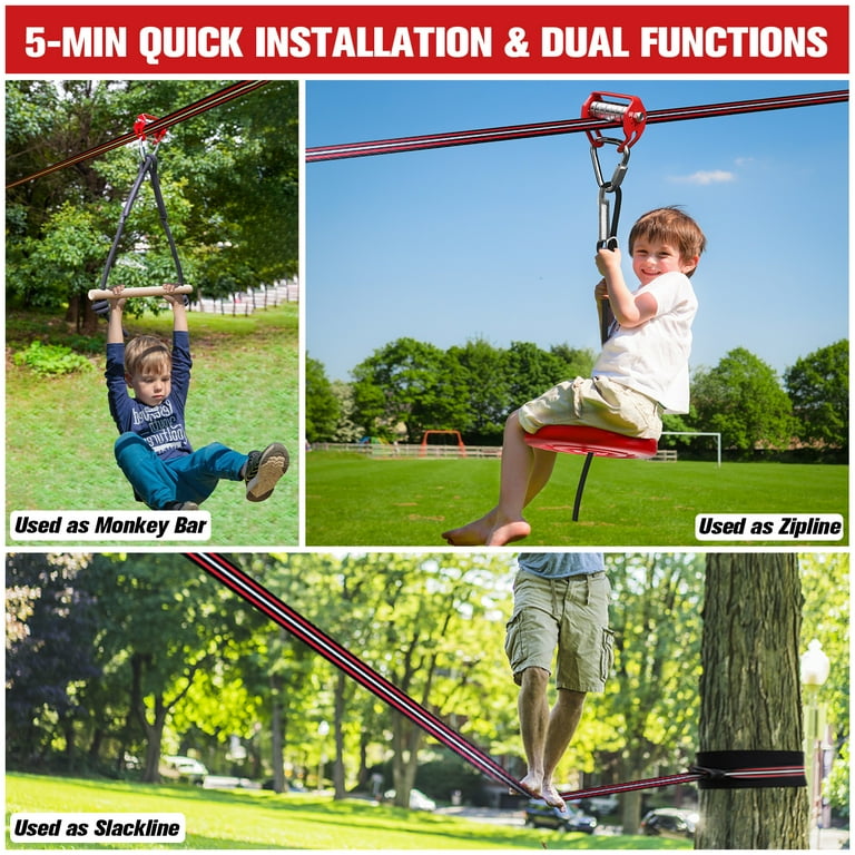 Outdoor Zipline Kit - 65 Ft Slackline, Climbing Rope, Swing