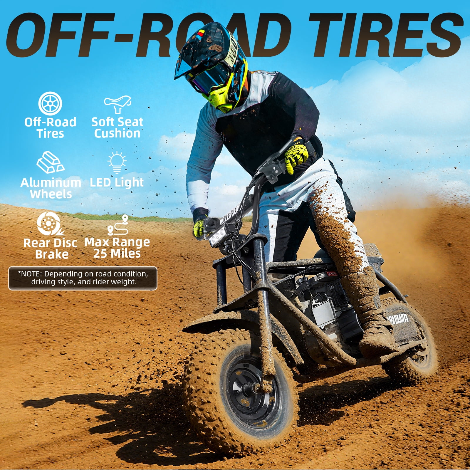 HOVERHEART Gas Mountain Bike, 105cc 4-Stroke Gas Powered Off Road Motorcycle (Model-MB001) with Led Lights, Disc Brake, Max Load 200Lbs, Up to 30Kph, NO OIL MIX REQUIRED