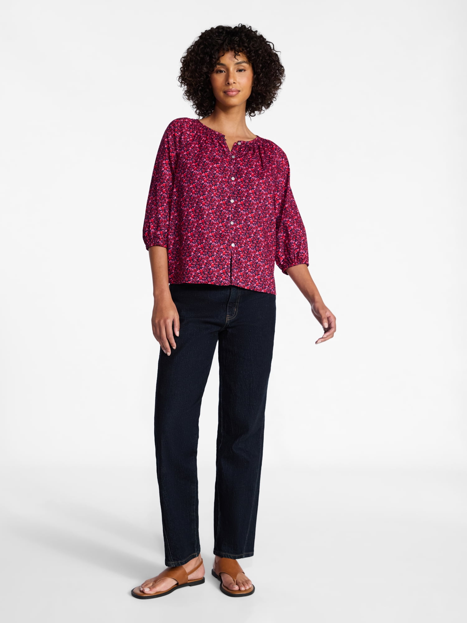 Time and Tru Women's Cotton Button Front Blouse with ¾ Length Sleeves, Sizes XS-XXXL
