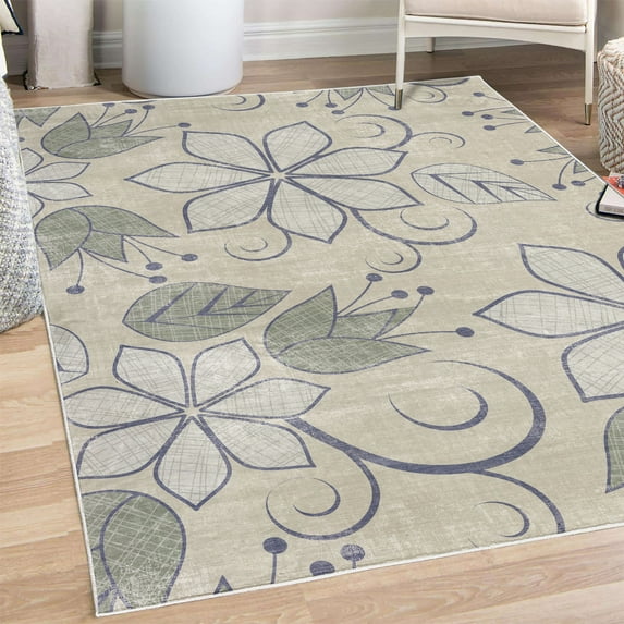 Floral Decorative Rug, Delicate Flowers with Swirling Ivy Branches Leaves Tulips Vintage Style of Art, Quality Carpet for Bedroom Dorm and Living Room, 6 Sizes, Pale Almond, by Ambesonne