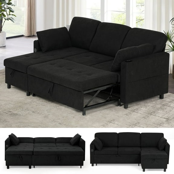 ACMEASE 84" Fabric Sectional Sleeper Sofa w/Adjustable Backrests, Pull Out Sofa Bed w/USB Charger Port& Reversible Storage Chaise,Convertible L-Shaped Sofa with Cup Holders for Living Room,Black