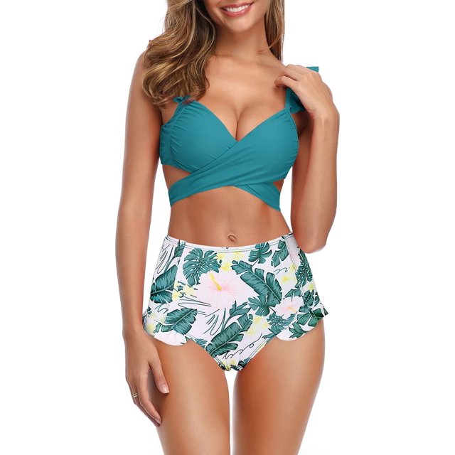 Mujer Trajes de baño de Envoltura Cruzada Bikini de Vendaje con Volantes, con Cintura Alta de Dos Piezas Verde del valle XL Verde del valle XL Xishao ropa
