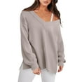 thumbnail image 4 of Fashion Lightweight V-neck Sweaters Women Winter Casual Long Sleeve Ribbed Knit Side Slit Pullover Top, 4 of 5
