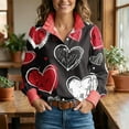 thumbnail image 2 of Outfmvch Valentines Day Long Sleeve Shirt Puff Sleeve Graphic Pullover Top Half Button Stripe Ruffled Stand Collar Love Heart Print Graphic Pullover Top Heart Sweatshirta2_black L, 2 of 4