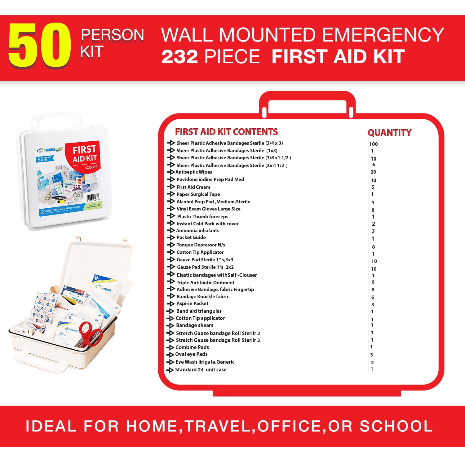 Primacare KC-50PPWM 50 Person Compact First Aid Kit with 232 Pieces Emergency Medical Supplies, Portable Kits for Home, School and Office, Wall Mount, 10x10x3 inches