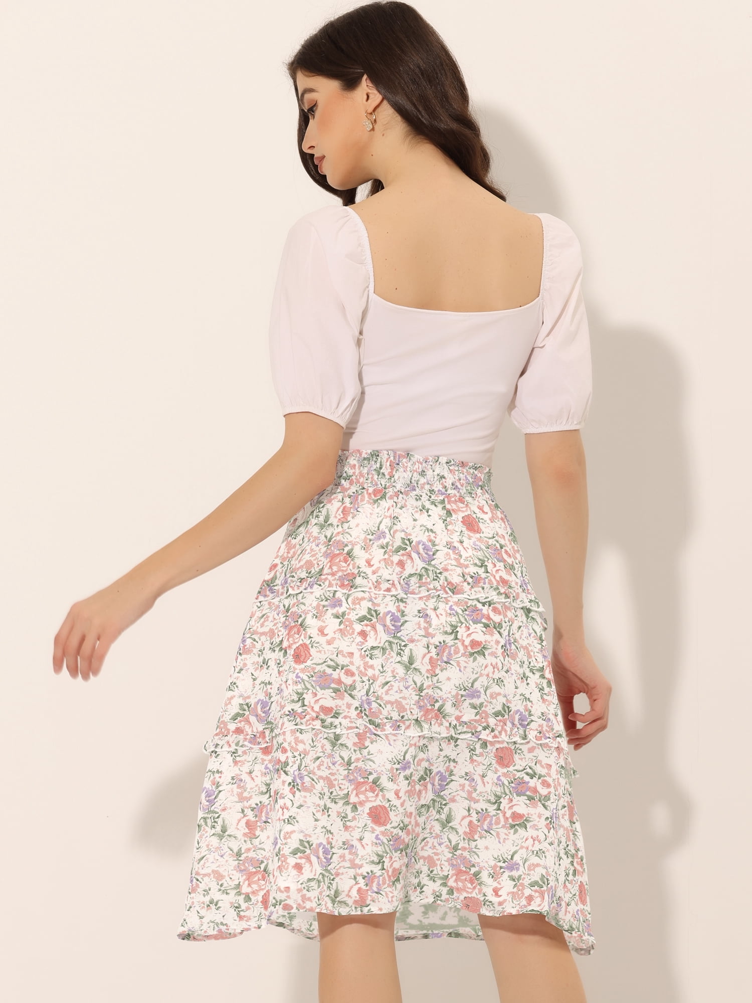DARING DIVA Women's Floral Chiffon Layer Ruffle Hem Midi Skirt XL White2