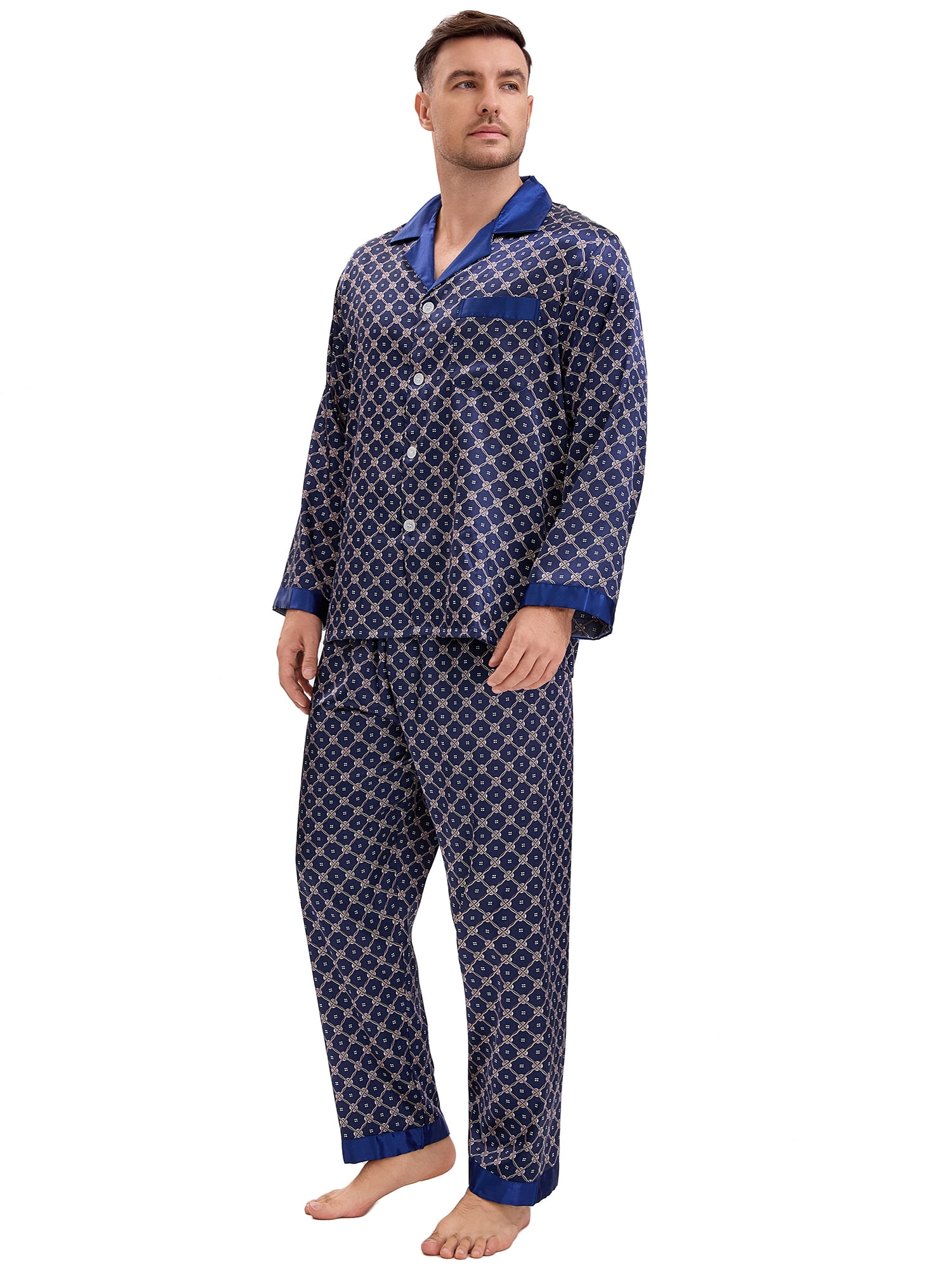 DARING DIVA Men's 2-Piece Button Down Printing Sleepshirt Pajamas Set XL Dark Blue