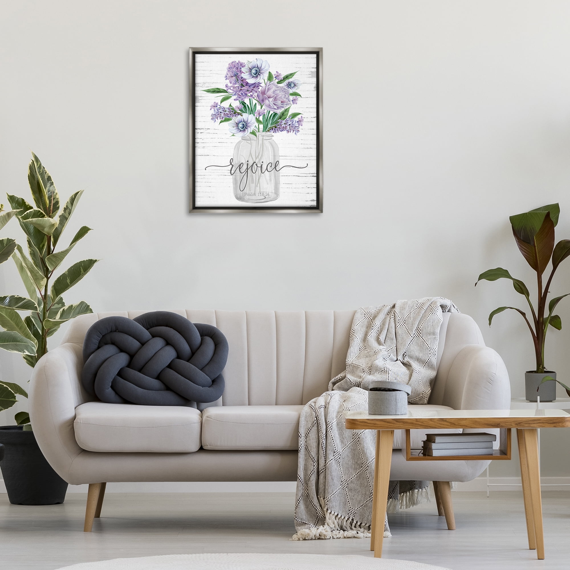 Stupell Industries Purple Rejoice Bouquet Religious Painting Gray Floater Framed Canvas Art Print Wall Art, 25 x 31