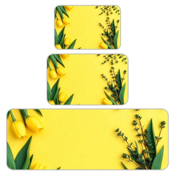 RKSupls Kitchen Rug Set 3 Piece Anti-Slip Flannel Floor Mats, Lemon Floral Frame Washable Absorbent Runner Mats for Kitchen Bathroom Home Decor