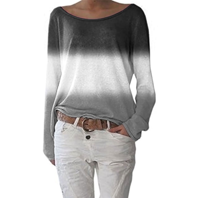 Off Shoulder Long Sleeve Top for Women Gradient Color T Shirt Color Block Patchwork Blouse Tee Shirt Plus Size