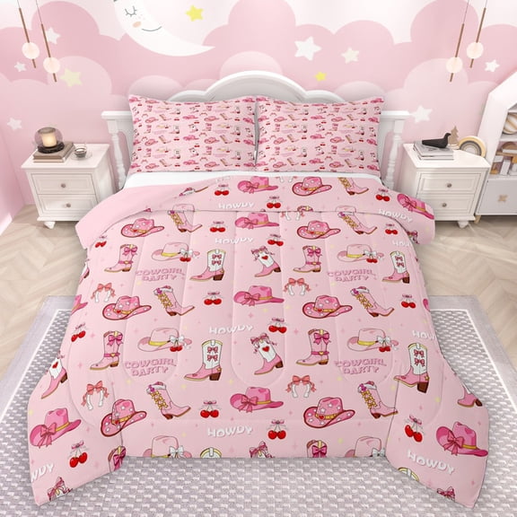 Manfei Girls Western Cowgirl Bedding Comforter Set 2pcs,Dreamy Princess Twin Comforter Sets Microfiber,Kawaii Bow Boots Hats Breathable Bedding Set,Super Cozy Room Decor,Reversible