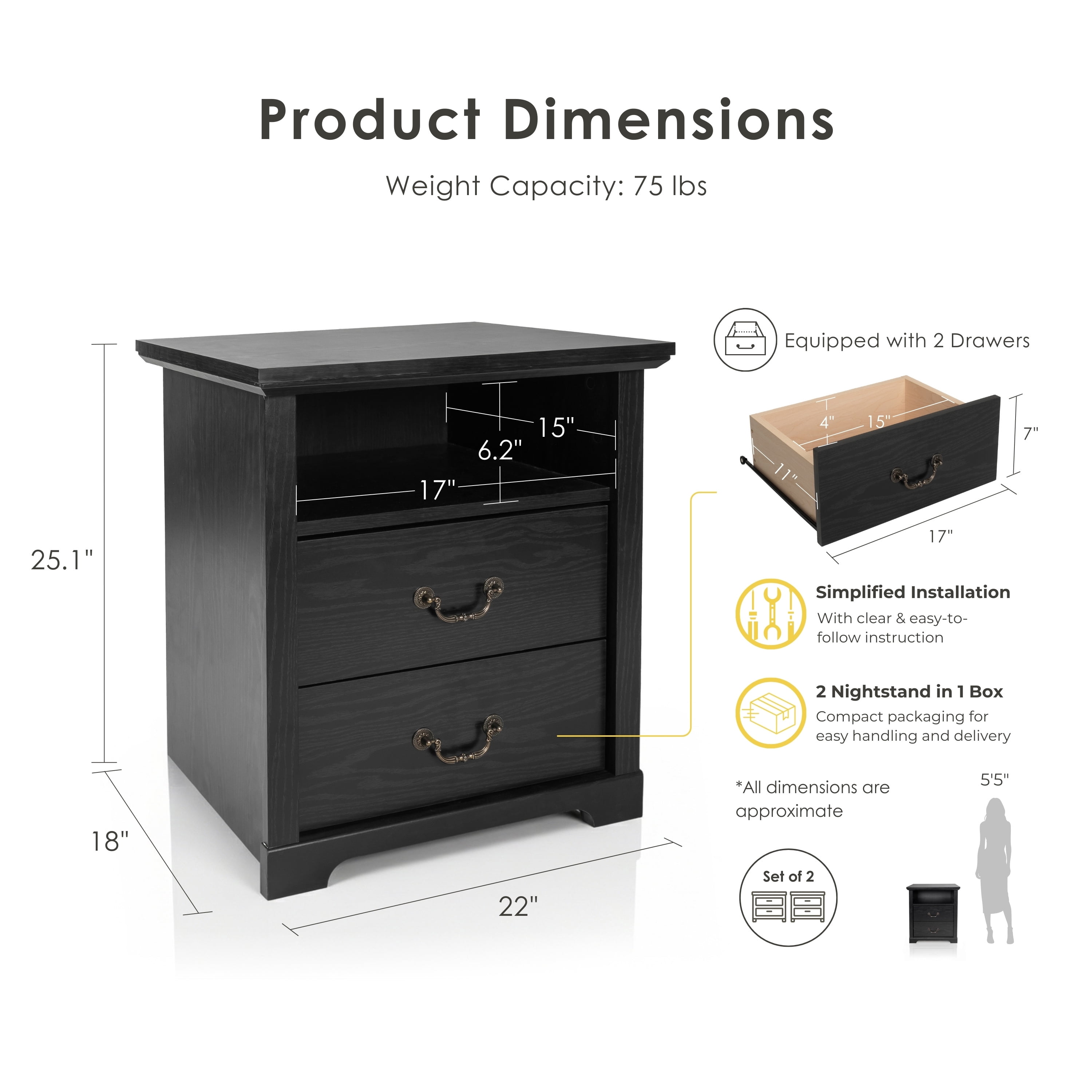 Furniture of America Chara Modern Wood 2-Drawer Nightstands with Open Top Shelf, Set of 2, Black