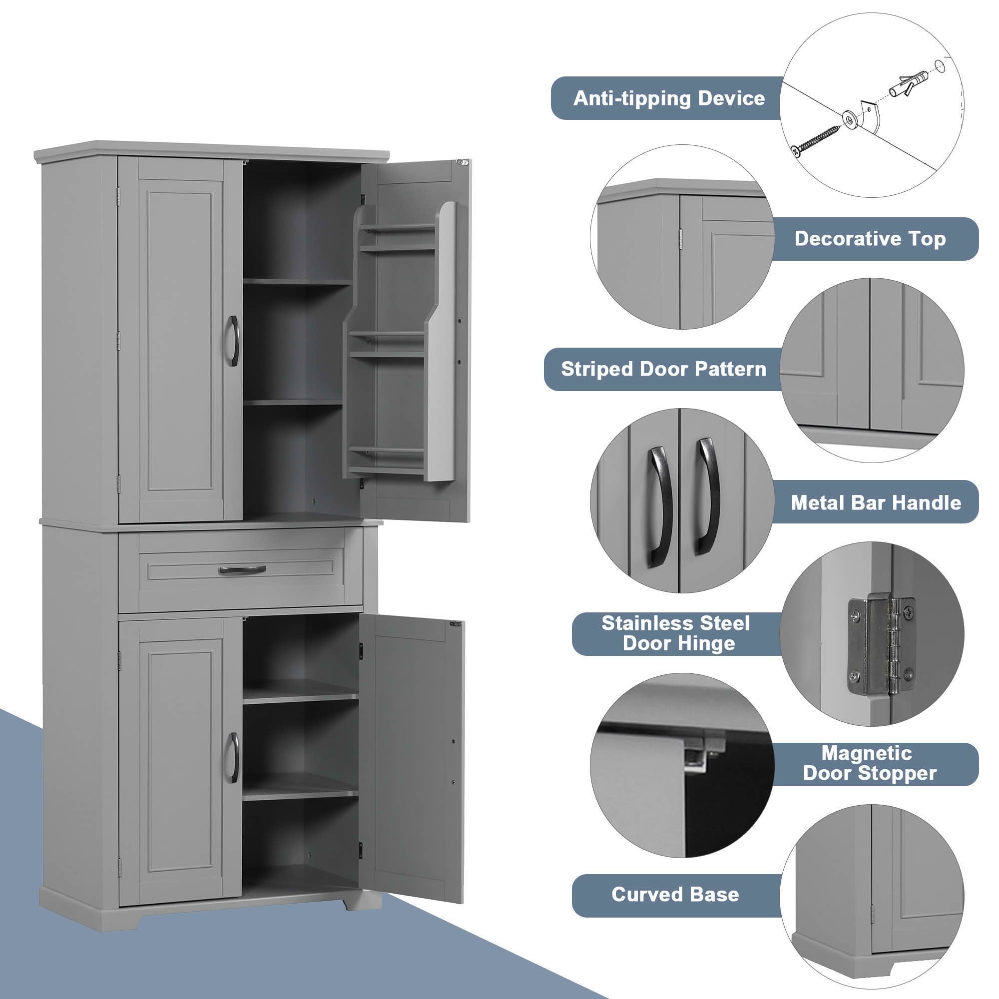 MAYEERTY Bathroom Cabinet Doors Drawer Multiple Storage Adjustable Shelf Gray
