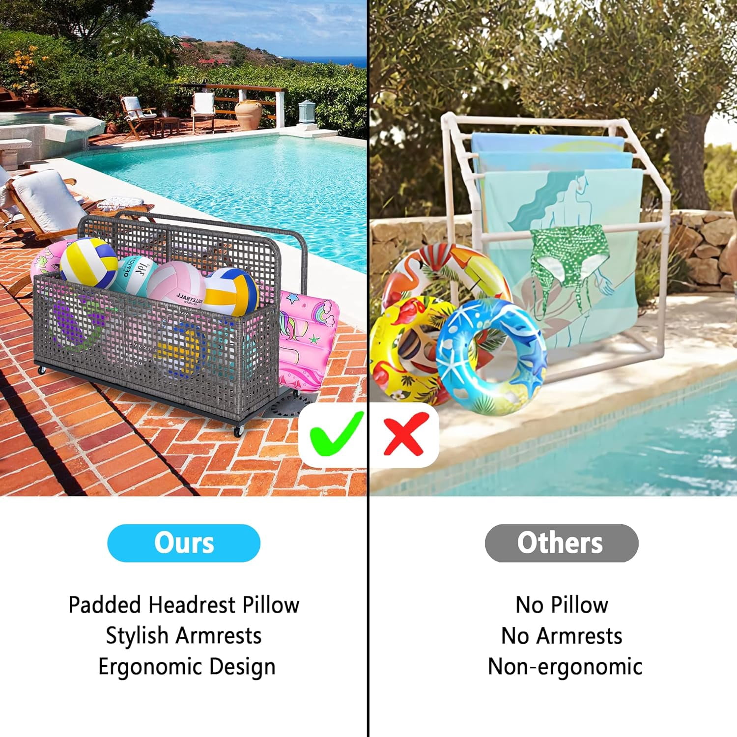 AOILE Poolside Storage with Rolling Wheels, PE & Iron Outdoor Storage Toy Rack for Poolsides, Patios, Gardens, Waterproof, Weather Resistant and Easy Mobility, Grey