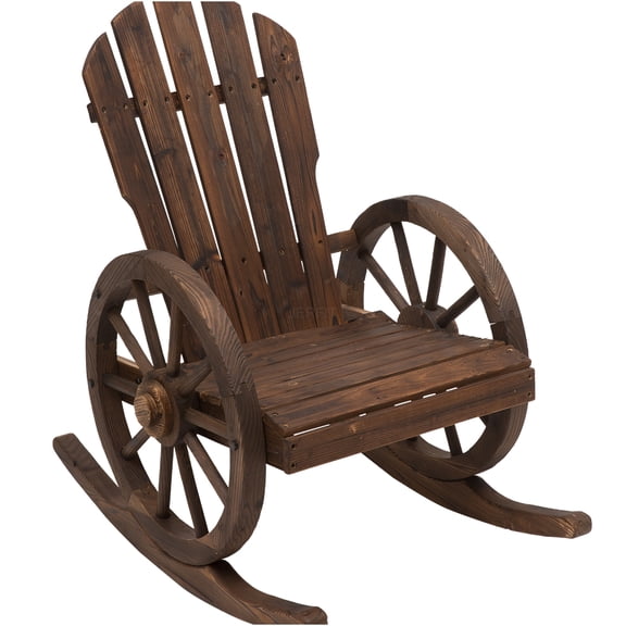 JERFIT Outdoor Adirondack Rocking Chair, Solid Wood Rocker with Wagon Wheel Arms, High Back Patio Garden Poolside Lounge Chair, Brown