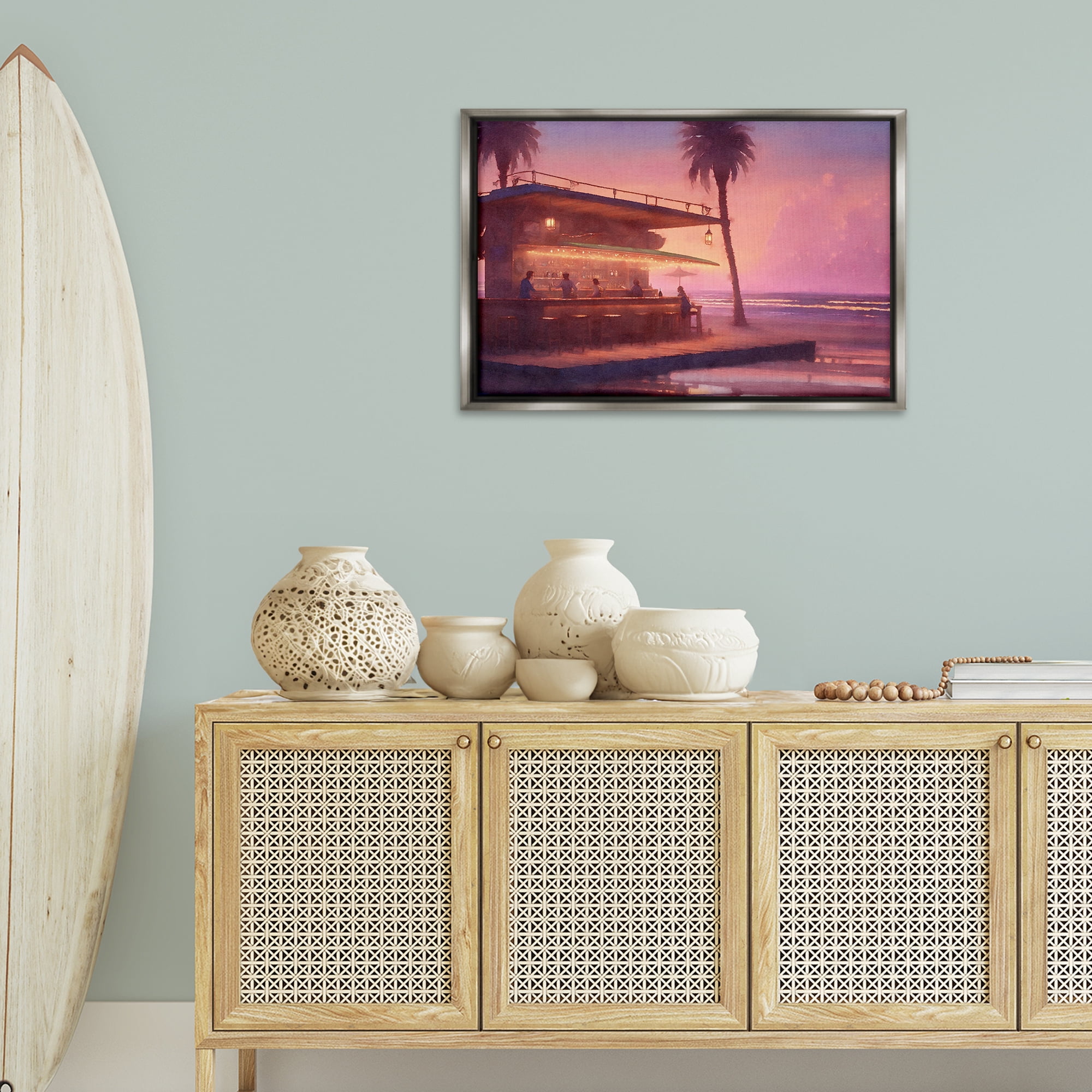 Stupell Industries Vivid Tropical Sunset Nautical & Beach Painting Gray Floater Framed Canvas Art Print Wall Art, 31 x 21