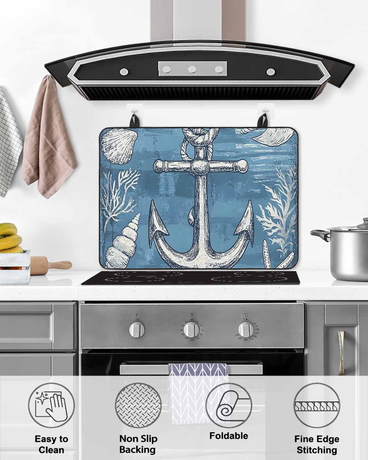 nqOlkjepod Large Induction Cooktop Protector Mat 36"x21", Blue Nautical Anchor Stove Top Covers for Electric Stove, Summer Coastal Ocean Coral Stove Burner Cover Mats, Glass Top Stove Cover