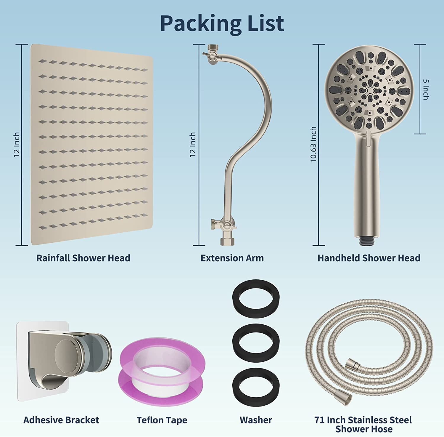 Hibbent 12'' All Metal Shower Head, High Pressure Rainfall Shower Head/Handheld Showerhead Combo/ 12'' Adjustable Curved Shower Extension Arm, 7-Spray,71'' Adhesive Showerhead Holder, Brushed Nickel