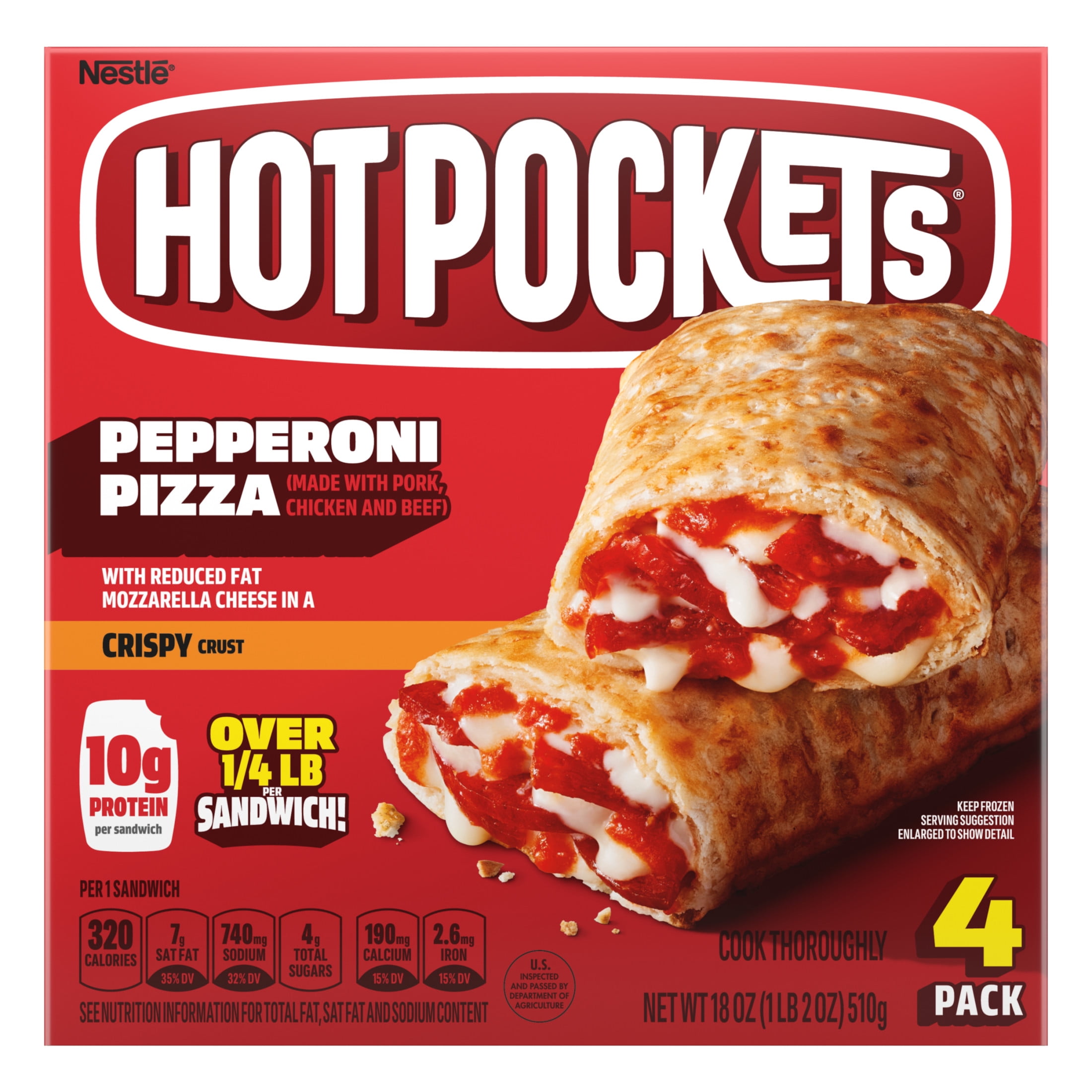 Hot Pockets Frozen Snacks Pepperoni Pizza, Crispy Crust Sandwiches, 18 oz, 4 pack (Frozen)