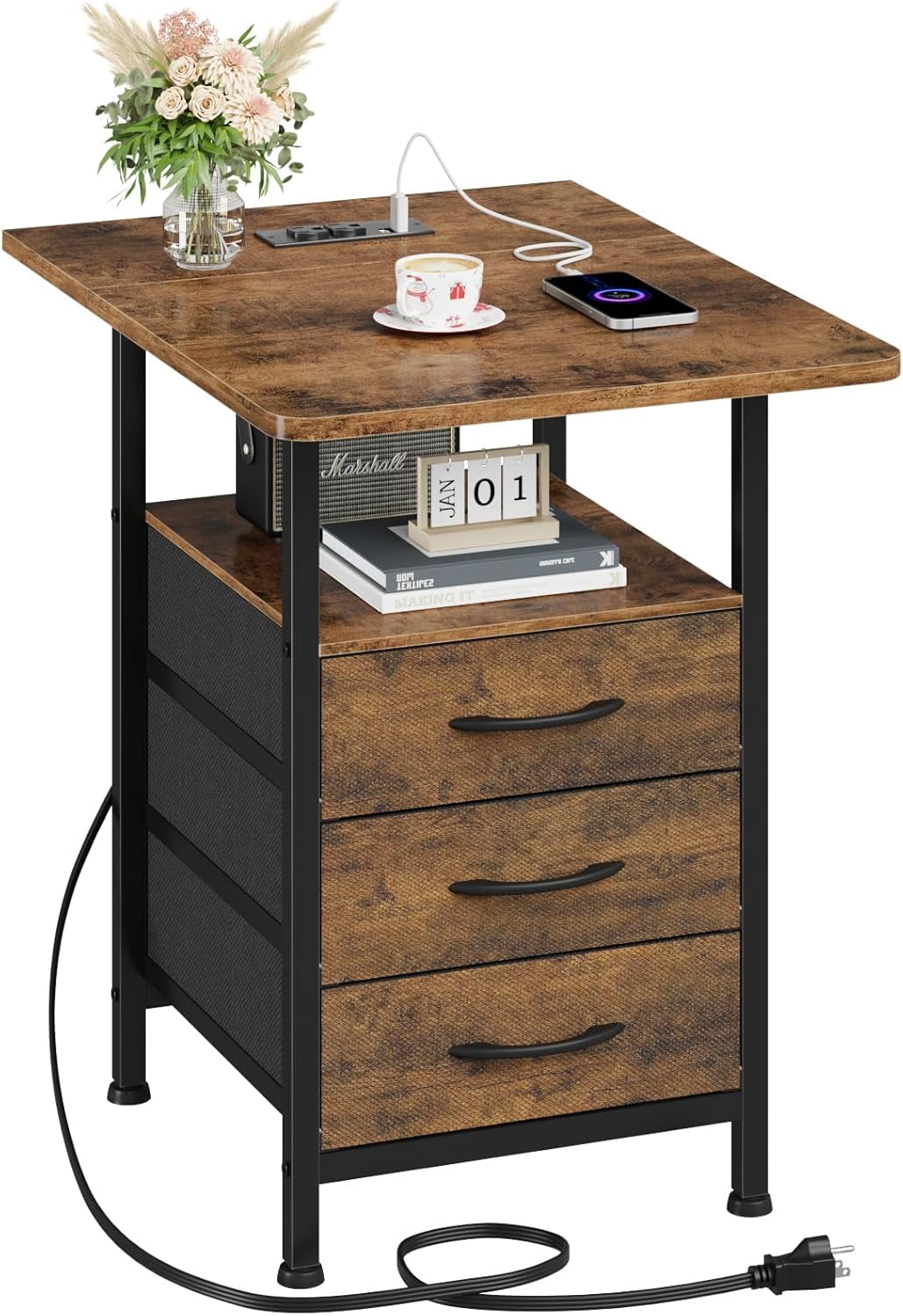 1-Pack Night Stand with 19'' Large Tabletop, 3 Fabric Drawer and Fast Charging Station, Bedside Table with Spacious Storage, Side End Table with USB Ports and Outlets, Bedroom, Rustic Brown