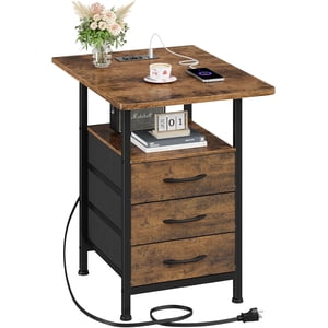 1-Pack Stand de nuit avec grande table de 19'', 3 Tiroir de tissu et station de recharge rapide, Table de chevet avec rangement spacieux, Table latérale avec USB Ports et sorties, Chambre, Rustique Brown