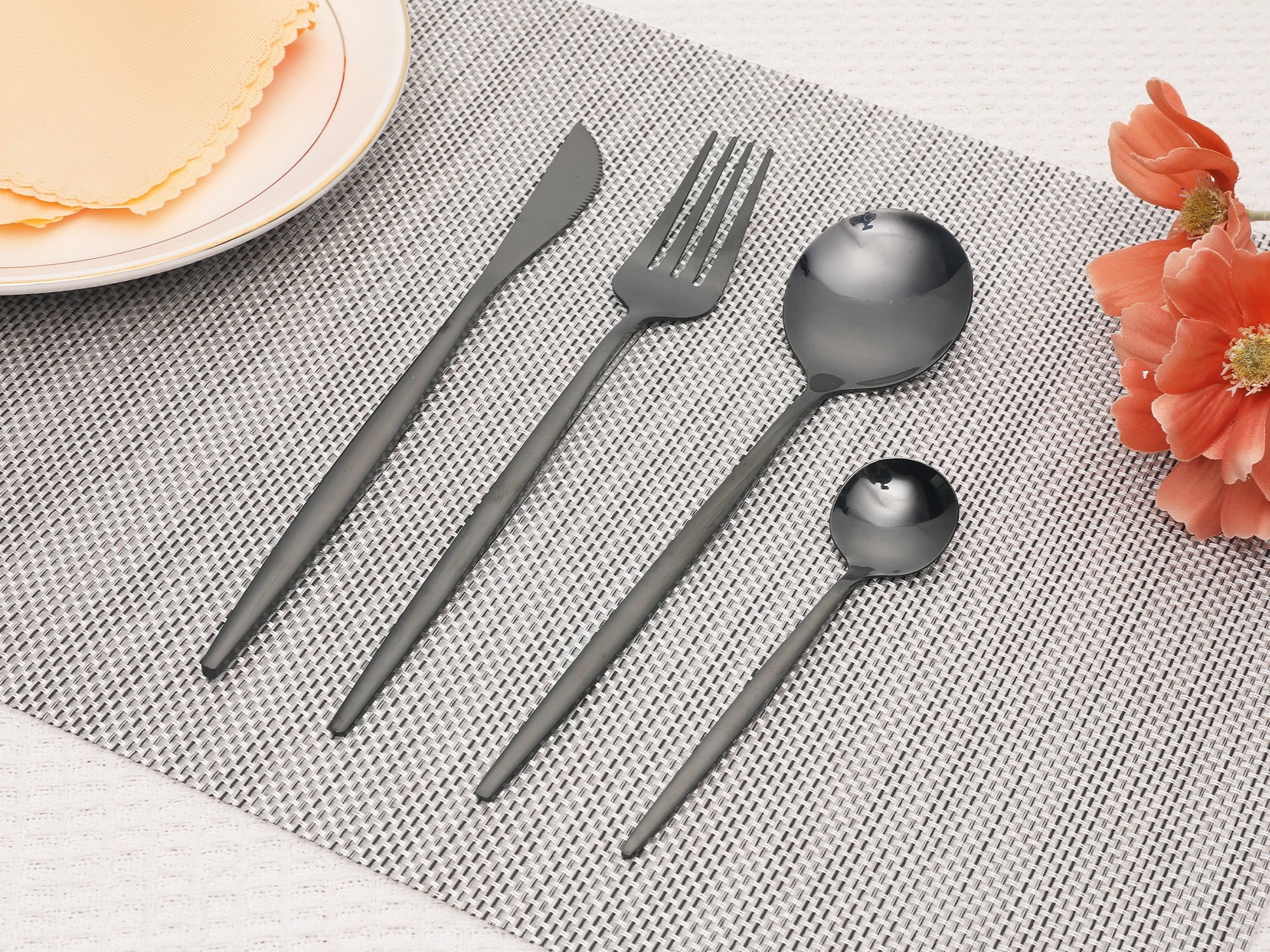 Unique Bargains 24 Pieces Silverware Set Stainless Steel Flatware Black